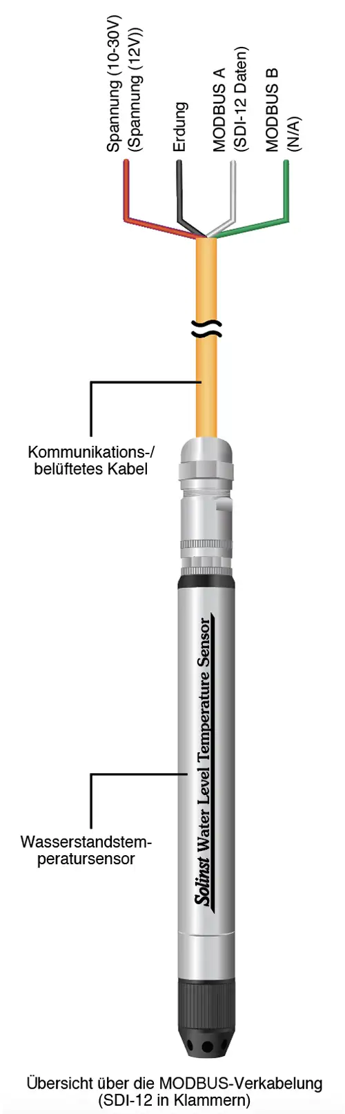 abbildung des solinst-wasserstandstemperatursensors, die das kommunikationskabel zeigt, das an den wasserstandstemperatursensor angeschlossen ist